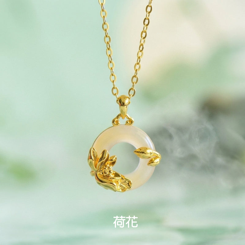 白玉髓荷花&桃花平安環項鍊【祈福加持】