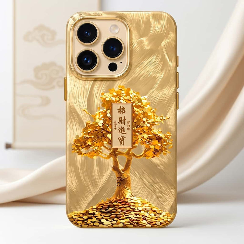 iPhone發財樹招財進寶滿樹銅錢金色矽膠保護殼