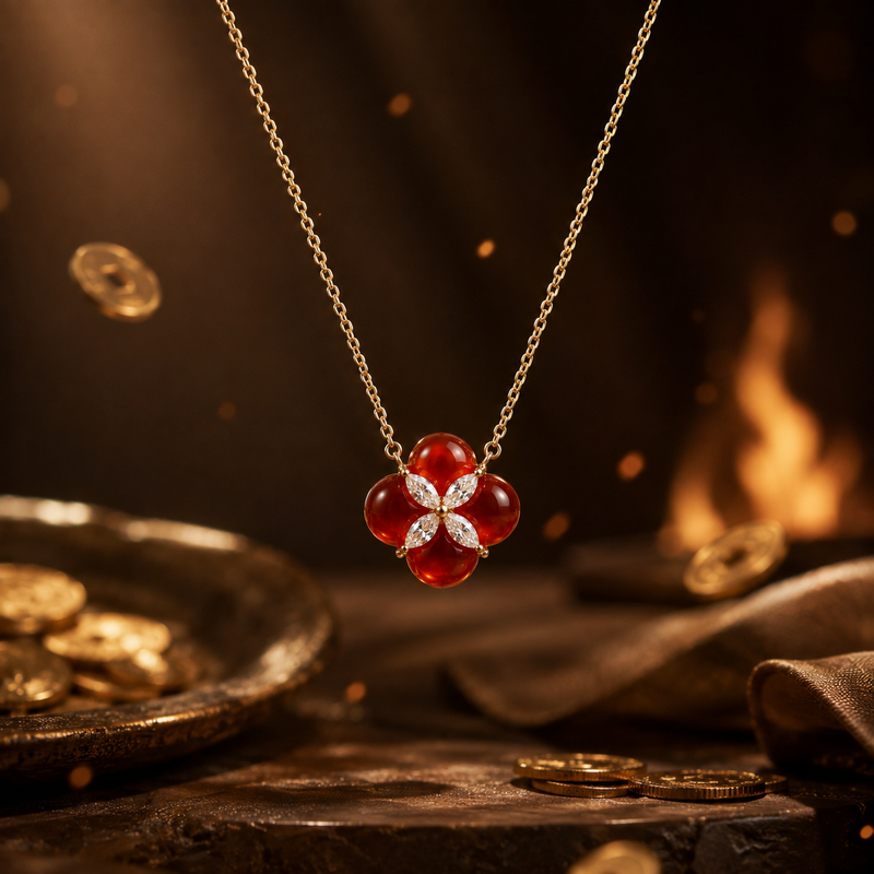 五行火紅玉髓金火相映項鏈